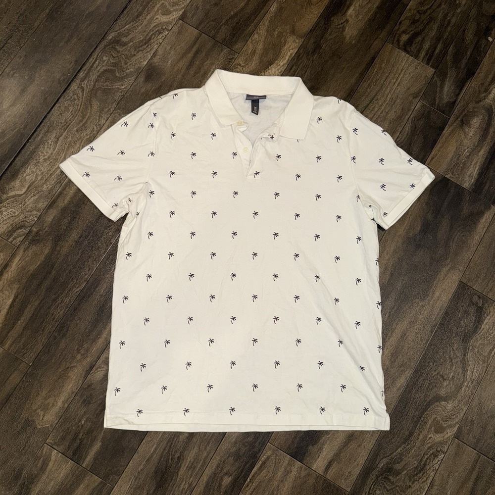 H&M Mens Slim Fit Palm Tree Cotton‎ Polo Cream Black Shirt Sz Large